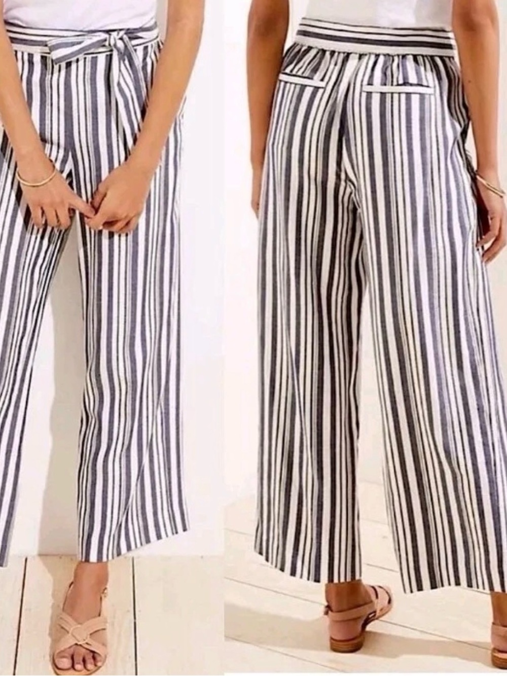 LOFT Shimmer Stripe Tie Waist Wide Leg Cropped Pants size L